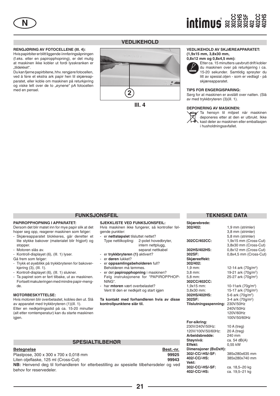 Ill. 4, Vedlikehold, Funksjonsfeil | Tekniske data, Spesialtilbehør | intimus 402 Wide Body User Manual | Page 21 / 48