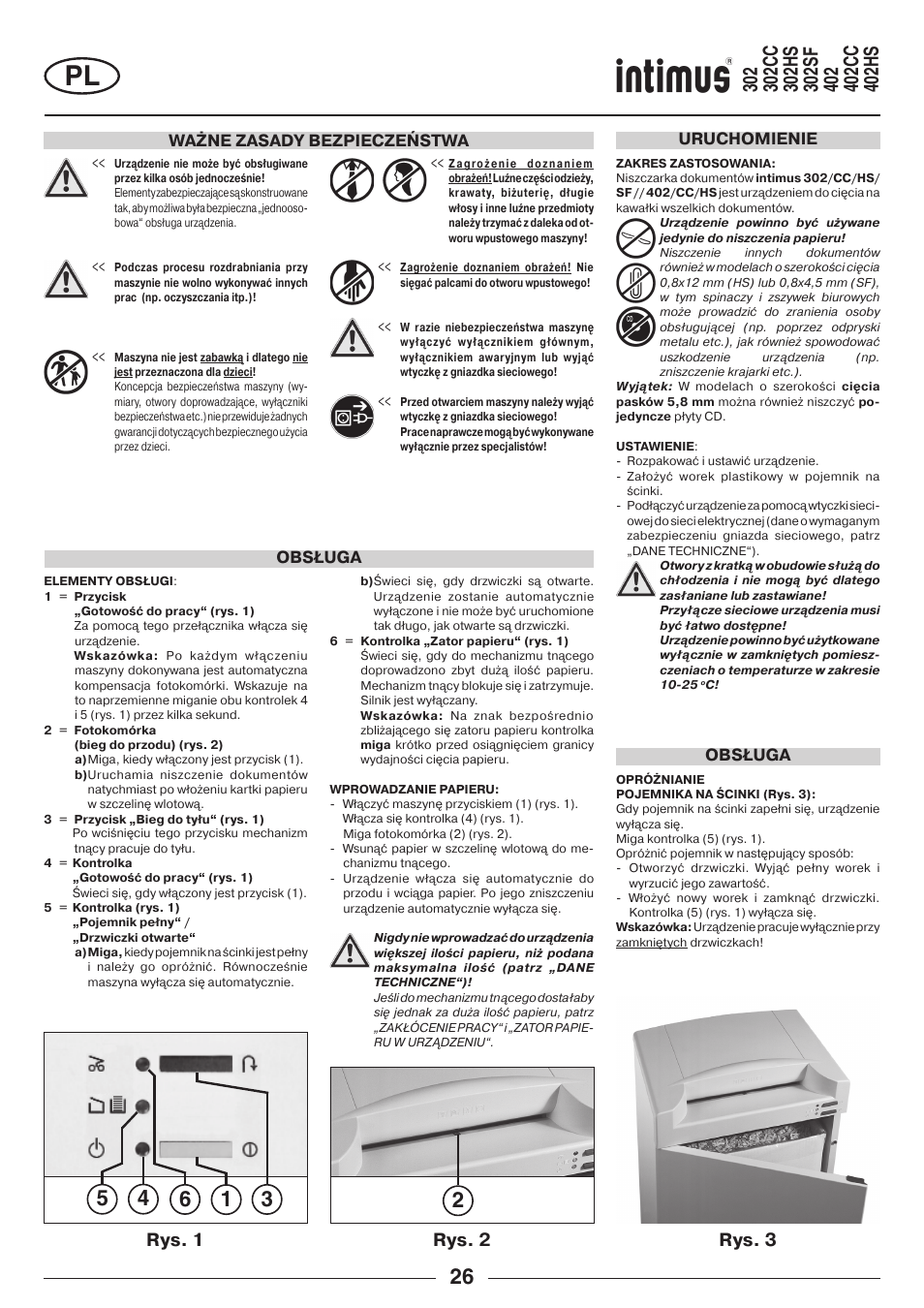 Rys. 1 rys. 2 rys. 3, Ważne zasady bezpieczeństwa, Obsługa uruchomienie obsługa | intimus 402 Wide Body User Manual | Page 26 / 48