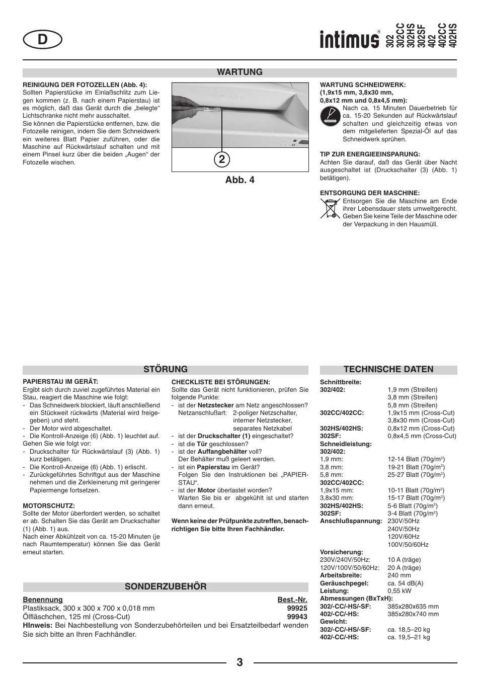 Abb. 4, Störung, Wartung | Technische daten sonderzubehör | intimus 402 Wide Body User Manual | Page 3 / 48