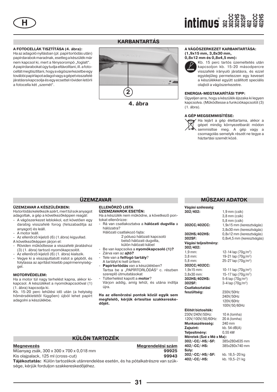 Ábra, Karbantartás, Műszaki adatok | Külön tartozék, Üzemzavar | intimus 402 Wide Body User Manual | Page 31 / 48