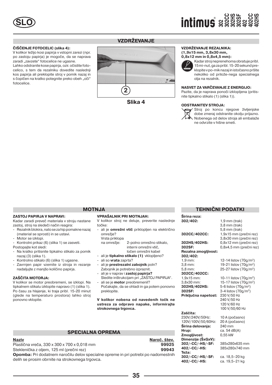 Slika 4, Vzdrževanje, Tehnični podatki | Specialna oprema motnja | intimus 402 Wide Body User Manual | Page 35 / 48