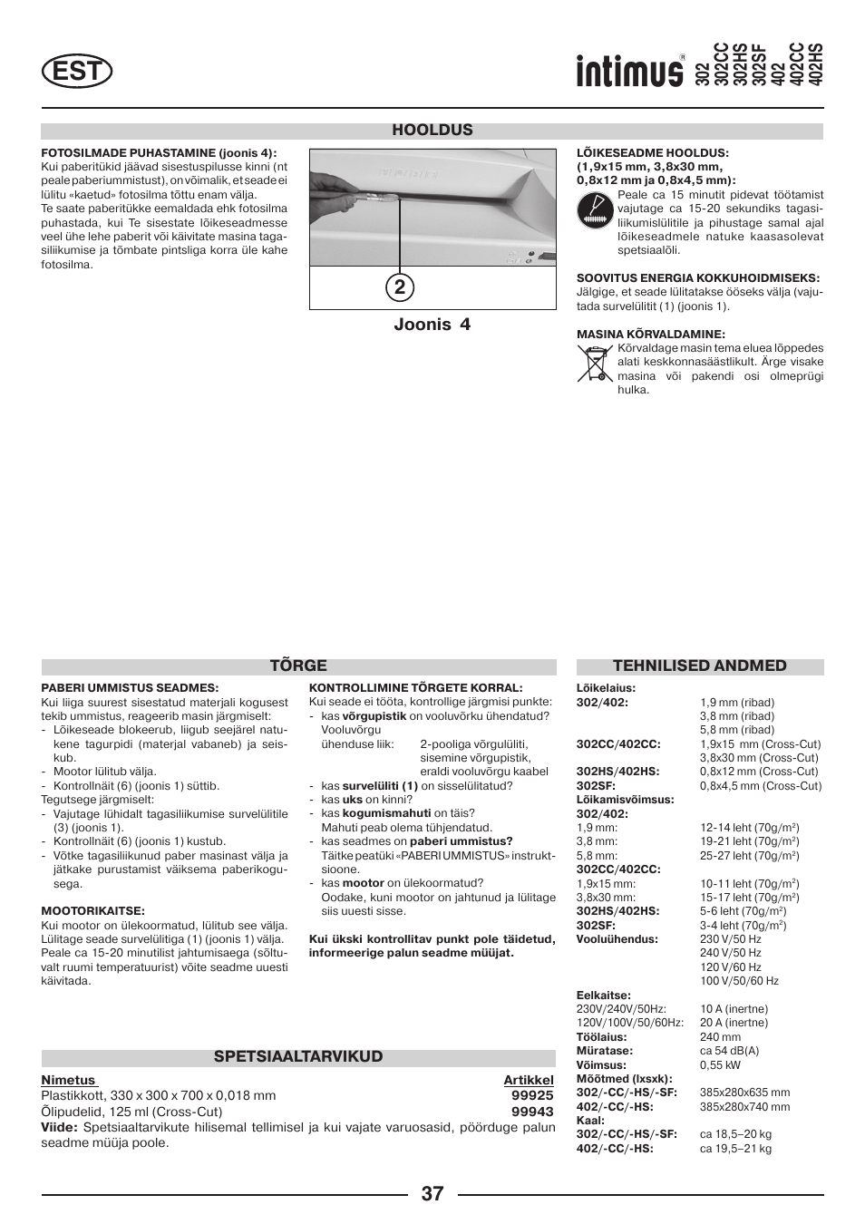 Joonis 4, Hooldus tehnilised andmed, Spetsiaaltarvikud tõrge | intimus 402 Wide Body User Manual | Page 37 / 48