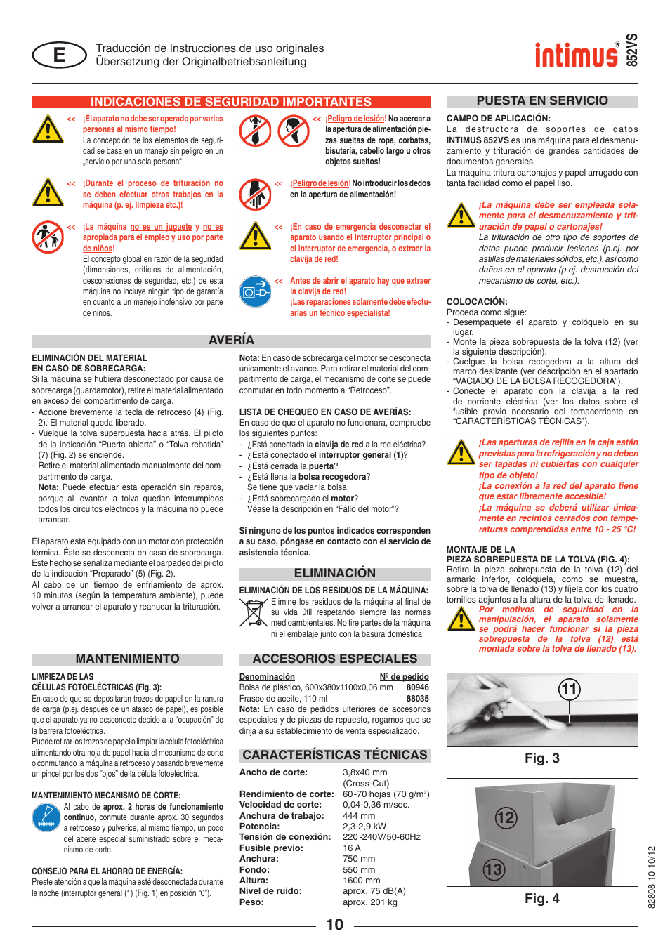 852vs, Fig. 4, Fig. 3 | Indicaciones de seguridad importantes, Características técnicas puesta en servicio, Avería, Accesorios especiales mantenimiento, Eliminación | intimus 852 VS User Manual | Page 10 / 36