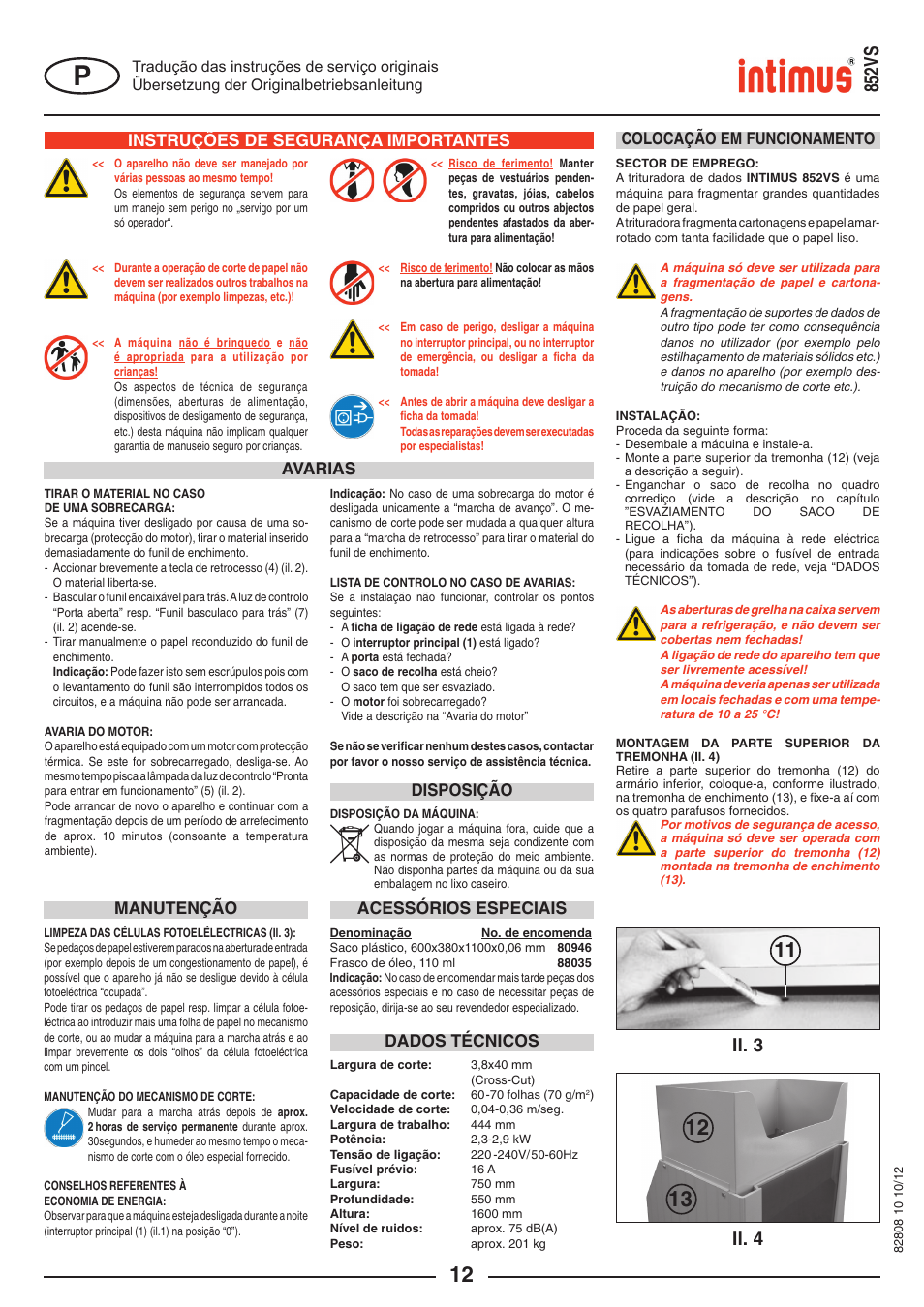 852vs, Il. 3 il. 4, Instruções de segurança importantes | Colocação em funcionamento, Avarias, Acessórios especiais dados técnicos manutenção, Disposição | intimus 852 VS User Manual | Page 12 / 36
