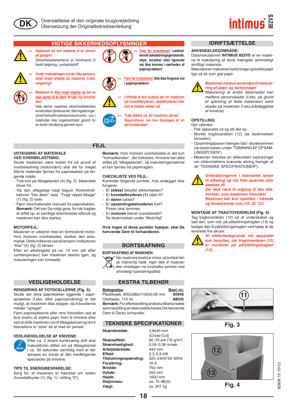 852vs, Fig. 4, Fig. 3 | Vigtige sikkerhedsoplysninger, Idriftsættelse, Fejl, Bortskafning | intimus 852 VS User Manual | Page 18 / 36