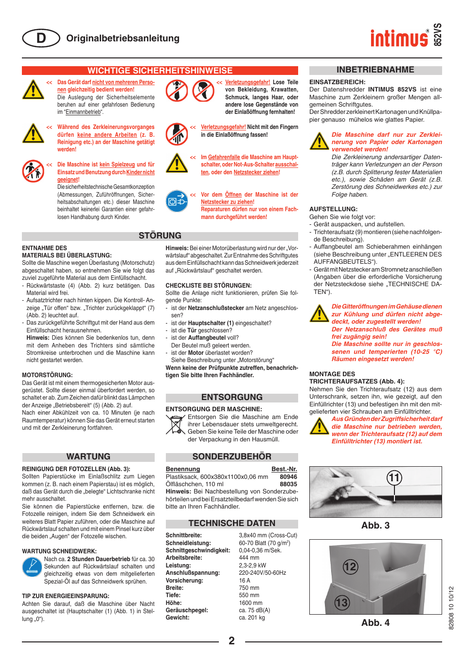 852vs, Abb. 3 abb. 4, Originalbetriebsanleitung | Wichtige sicherheitshinweise, Inbetriebnahme, Störung, Sonderzubehör technische daten wartung, Entsorgung | intimus 852 VS User Manual | Page 2 / 36