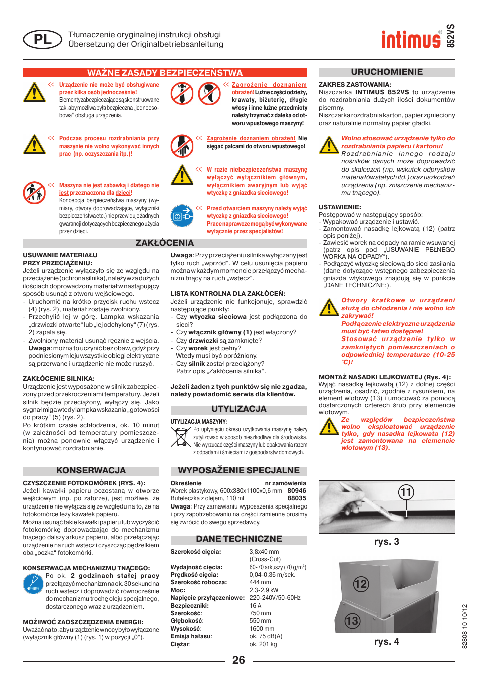 852vs, Rys. 3 rys. 4, Ważne zasady bezpieczeństwa | Uruchomienie, Zakłócenia, Dane techniczne, Wyposaženie specjalne, Konserwacja, Utylizacja | intimus 852 VS User Manual | Page 26 / 36