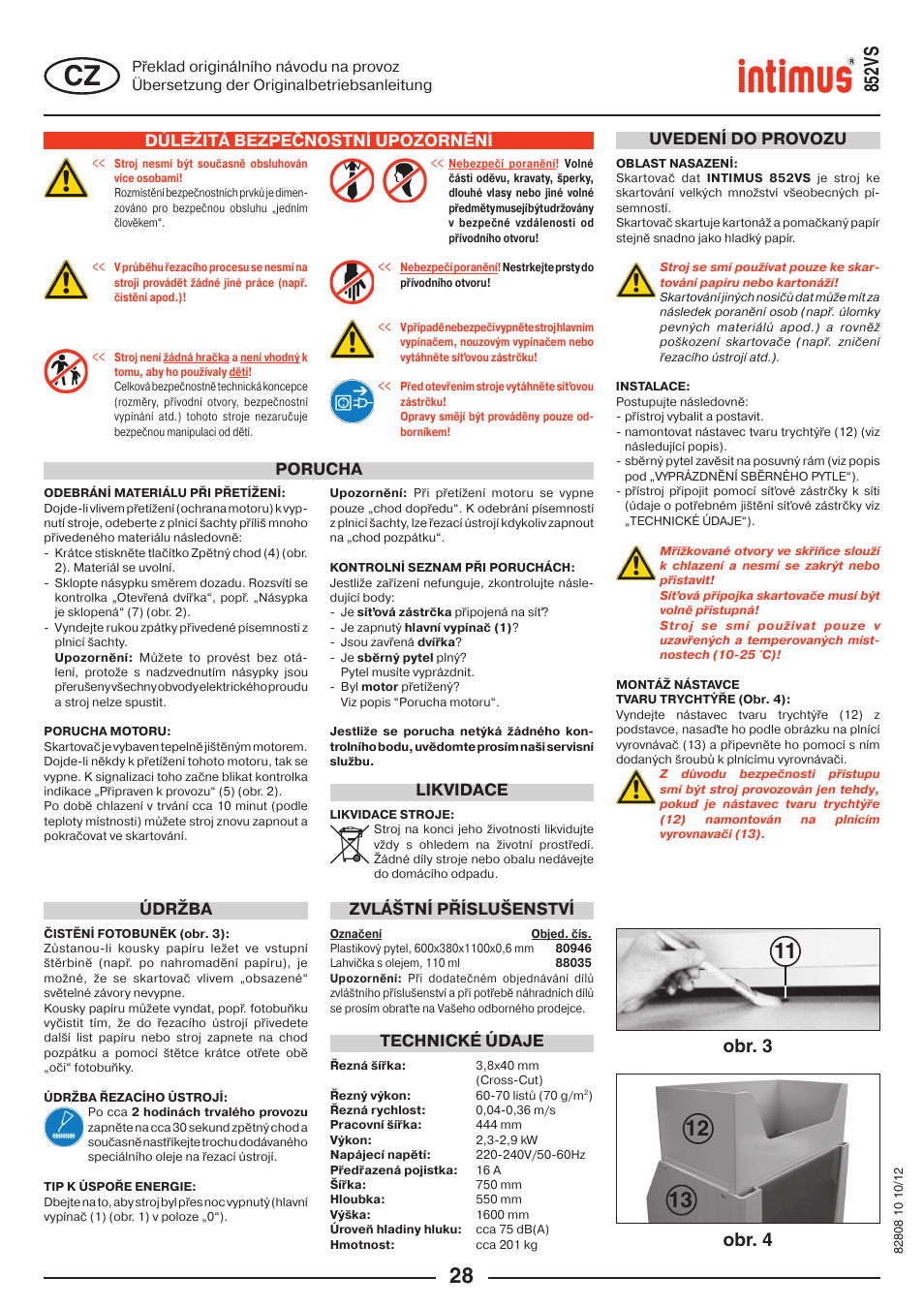 852vs, Obr. 3 obr. 4, Důležitá bezpečnostní upozornění | Uvedení do provozu, Porucha, Technické údaje, Zvláštní příslušenství, Údržba, Likvidace | intimus 852 VS User Manual | Page 28 / 36