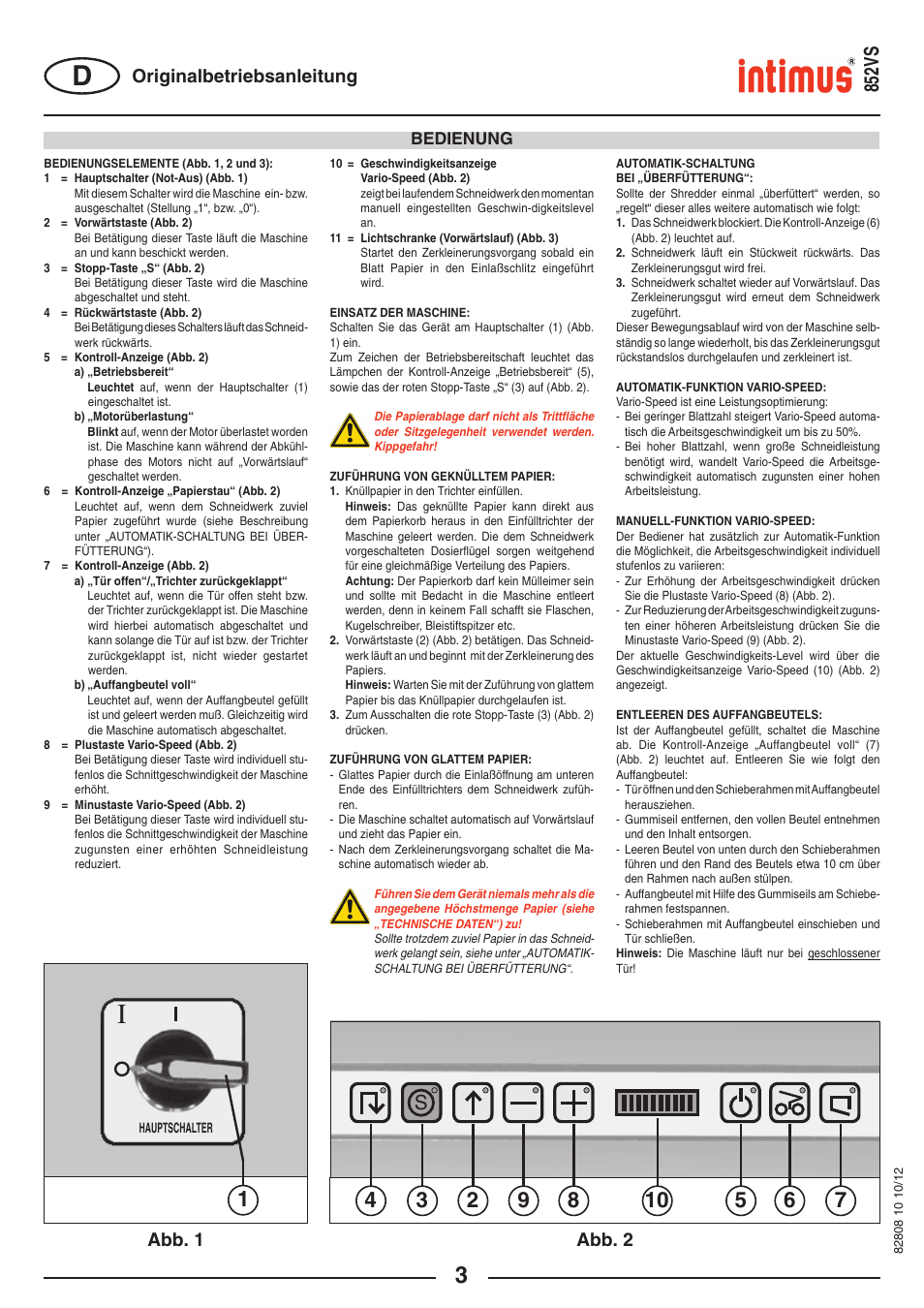 S852vs, Abb. 1 abb. 2, Originalbetriebsanleitung | intimus 852 VS User Manual | Page 3 / 36