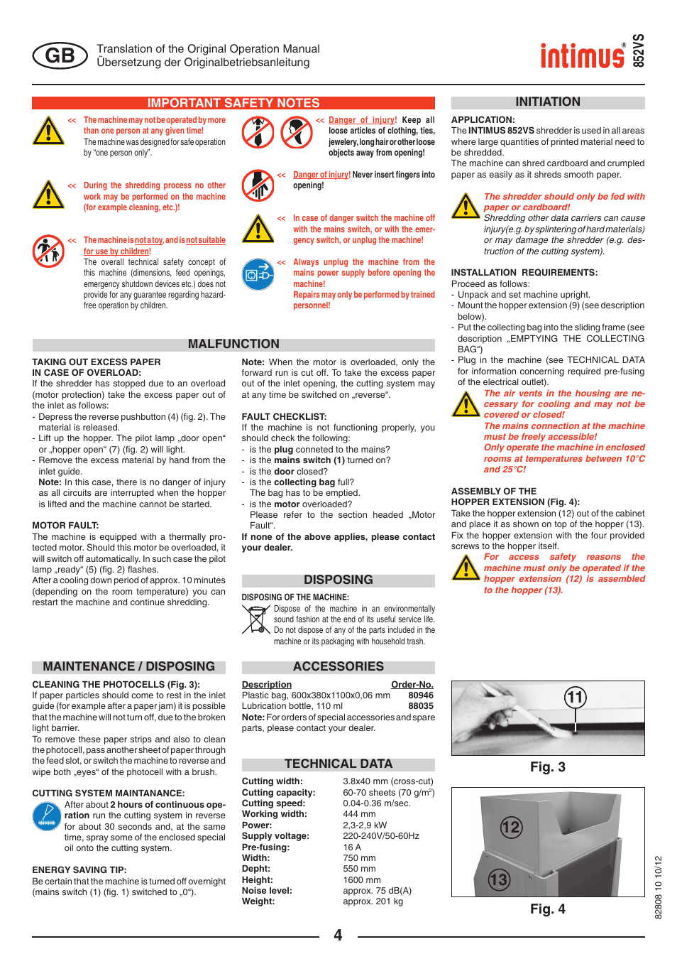 852vs, Fig. 4, Fig. 3 | Initiation, Malfunction, Technical data, Accessories, Maintenance / disposing, Disposing | intimus 852 VS User Manual | Page 4 / 36
