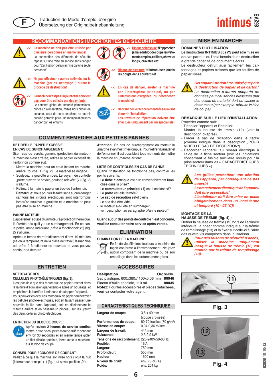 852vs, Fig. 4, Fig. 3 | Recommandations importantes de sécurité, Mise en marche comment remedier aux petites pannes, Entretien, Accessoires, Elimination, Caractéristiques techniques | intimus 852 VS User Manual | Page 6 / 36