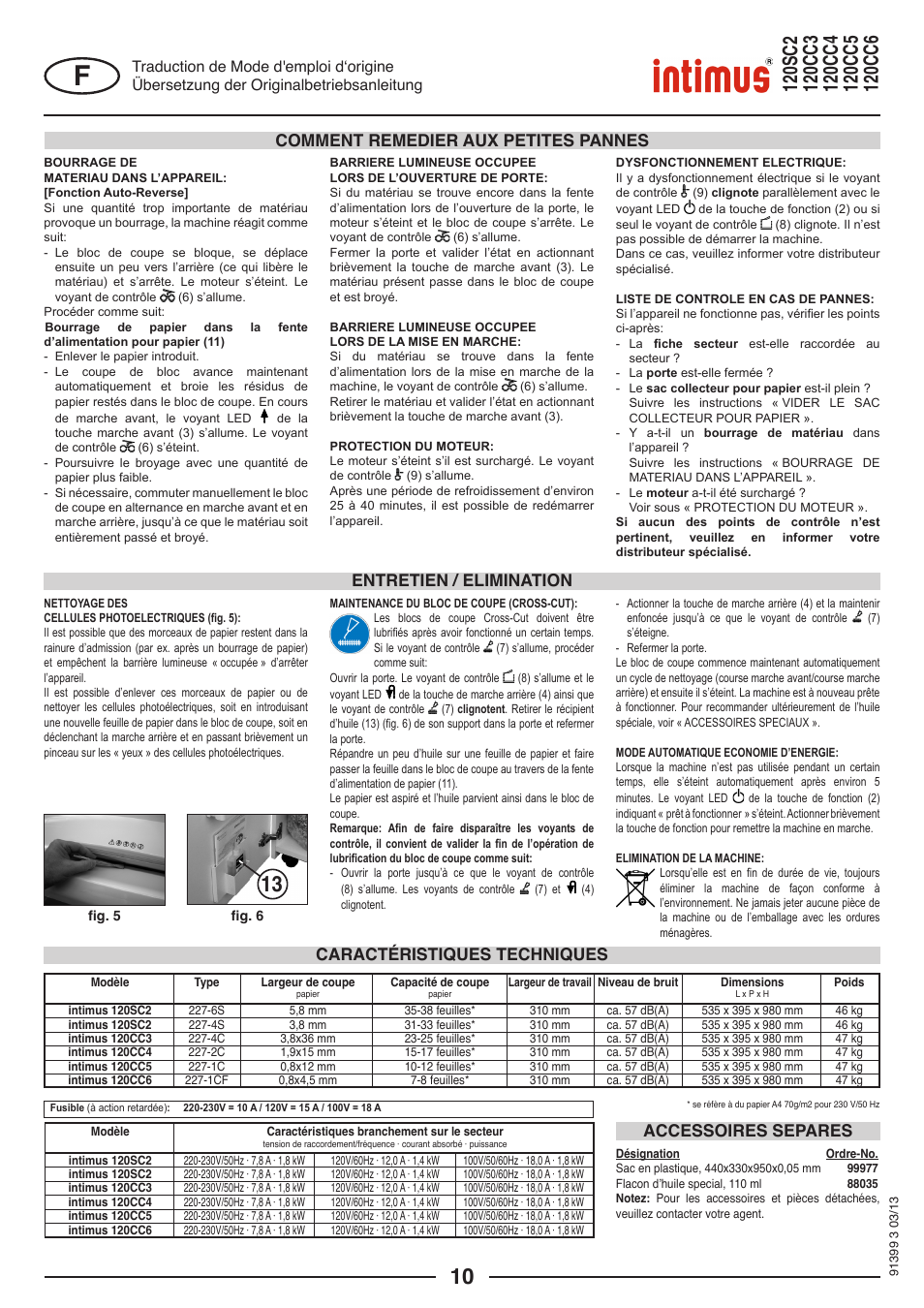 Caractéristiques techniques accessoires separes | intimus 120 CC6 User Manual | Page 10 / 56