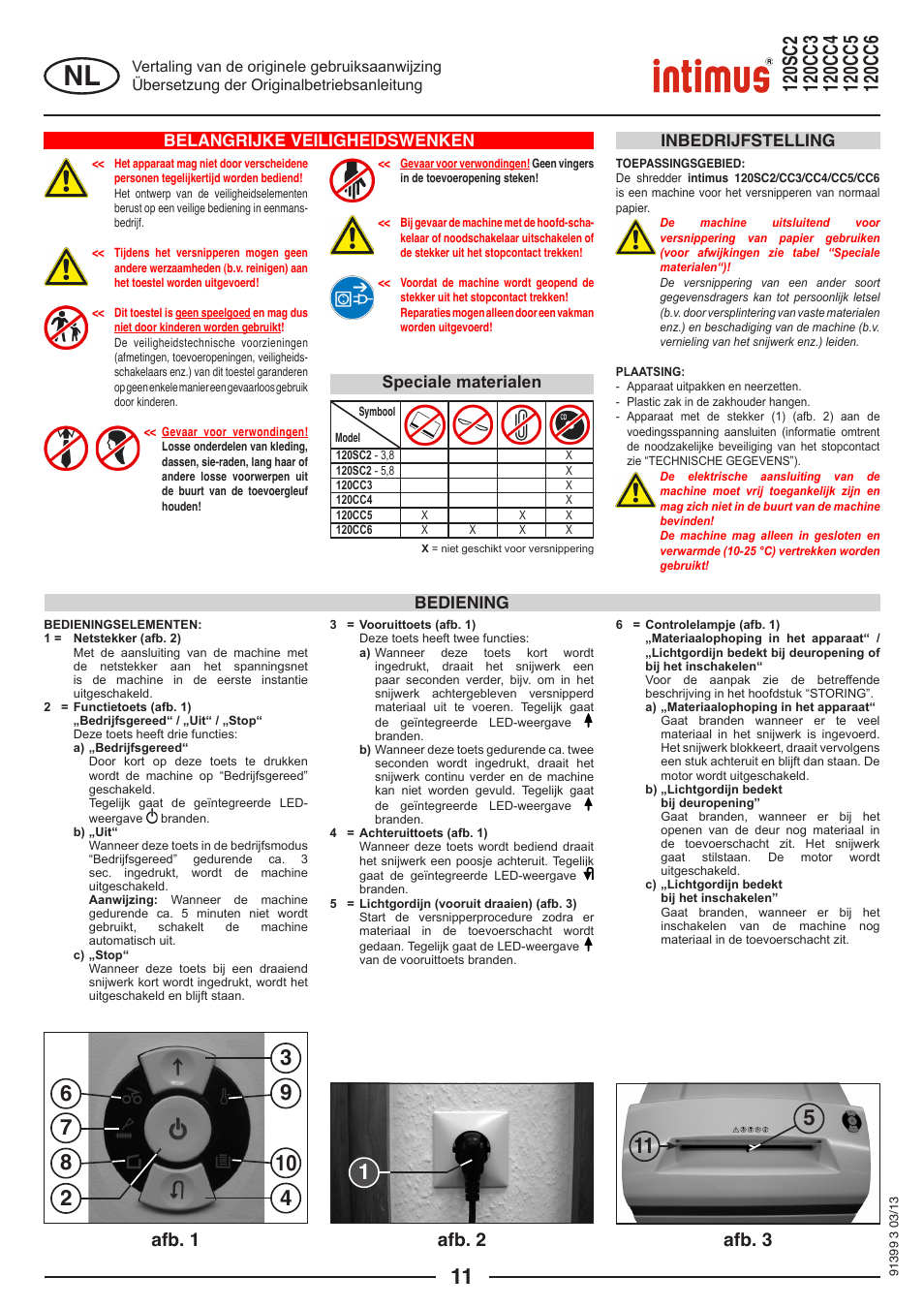 Afb. 1 afb. 2 afb. 3, Belangrijke veiligheidswenken, Bediening inbedrijfstelling | Speciale materialen | intimus 120 CC6 User Manual | Page 11 / 56