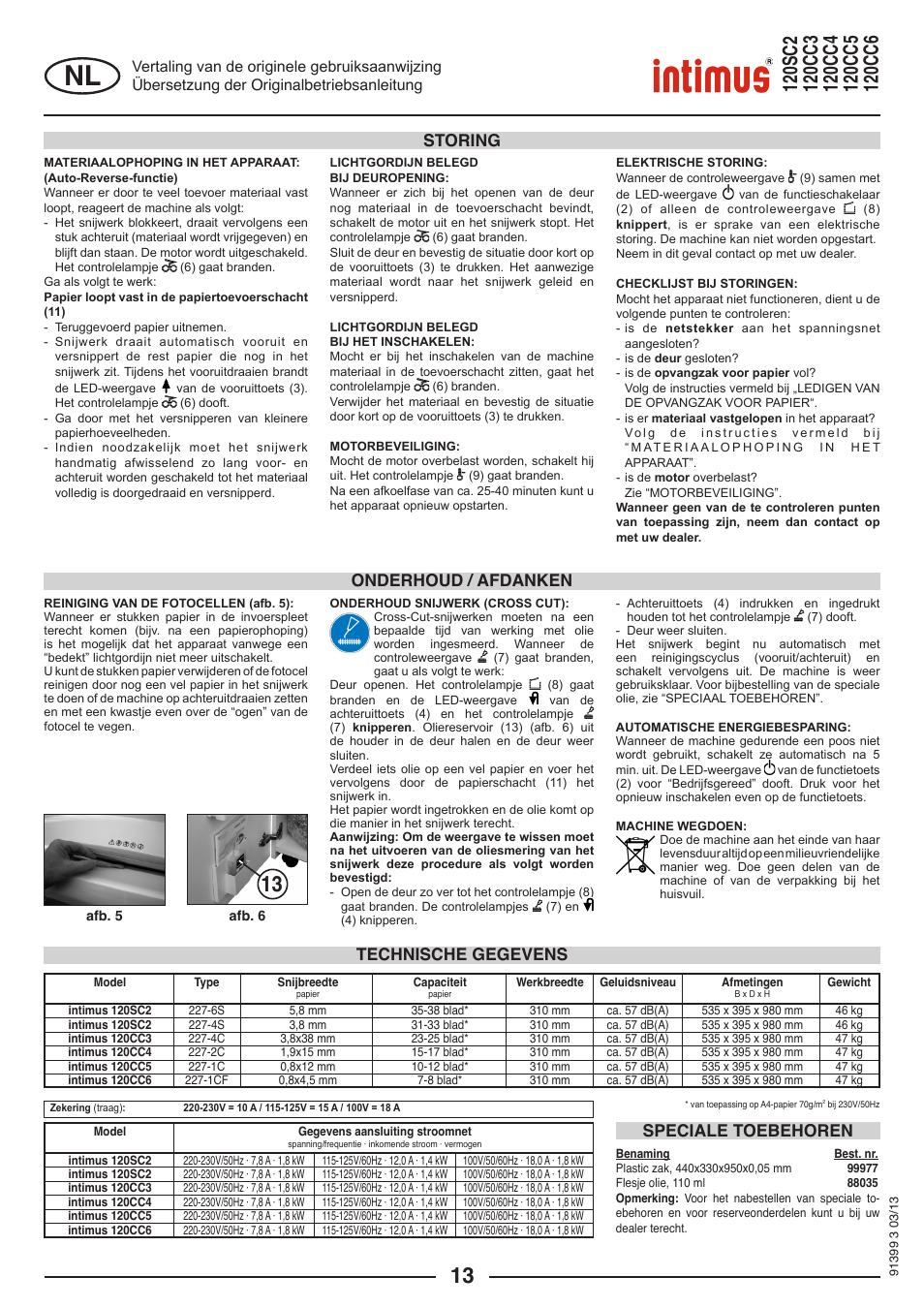 Technische gegevens speciale toebehoren, Onderhoud / afdanken storing | intimus 120 CC6 User Manual | Page 13 / 56