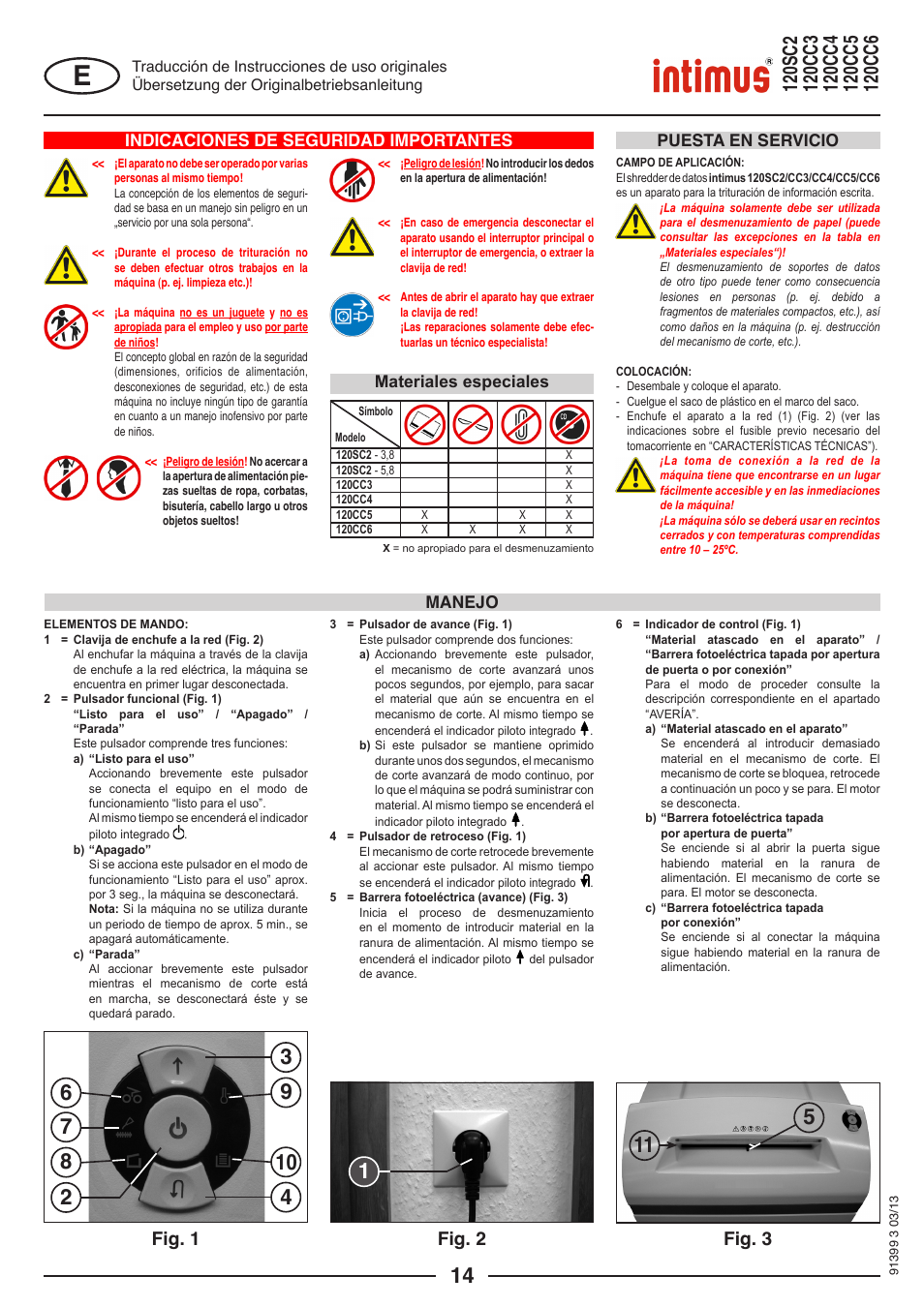 Fig. 1 fig. 2 fig. 3, Indicaciones de seguridad importantes, Manejo puesta en servicio | Materiales especiales | intimus 120 CC6 User Manual | Page 14 / 56