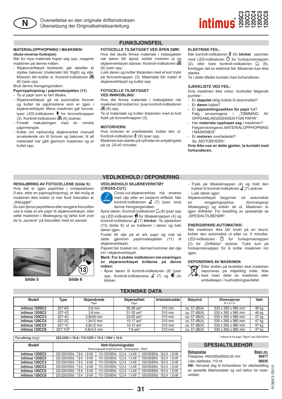 Tekniske data spesialtilbehør, Vedlikehold / deponering funksjonsfeil | intimus 120 CC6 User Manual | Page 31 / 56