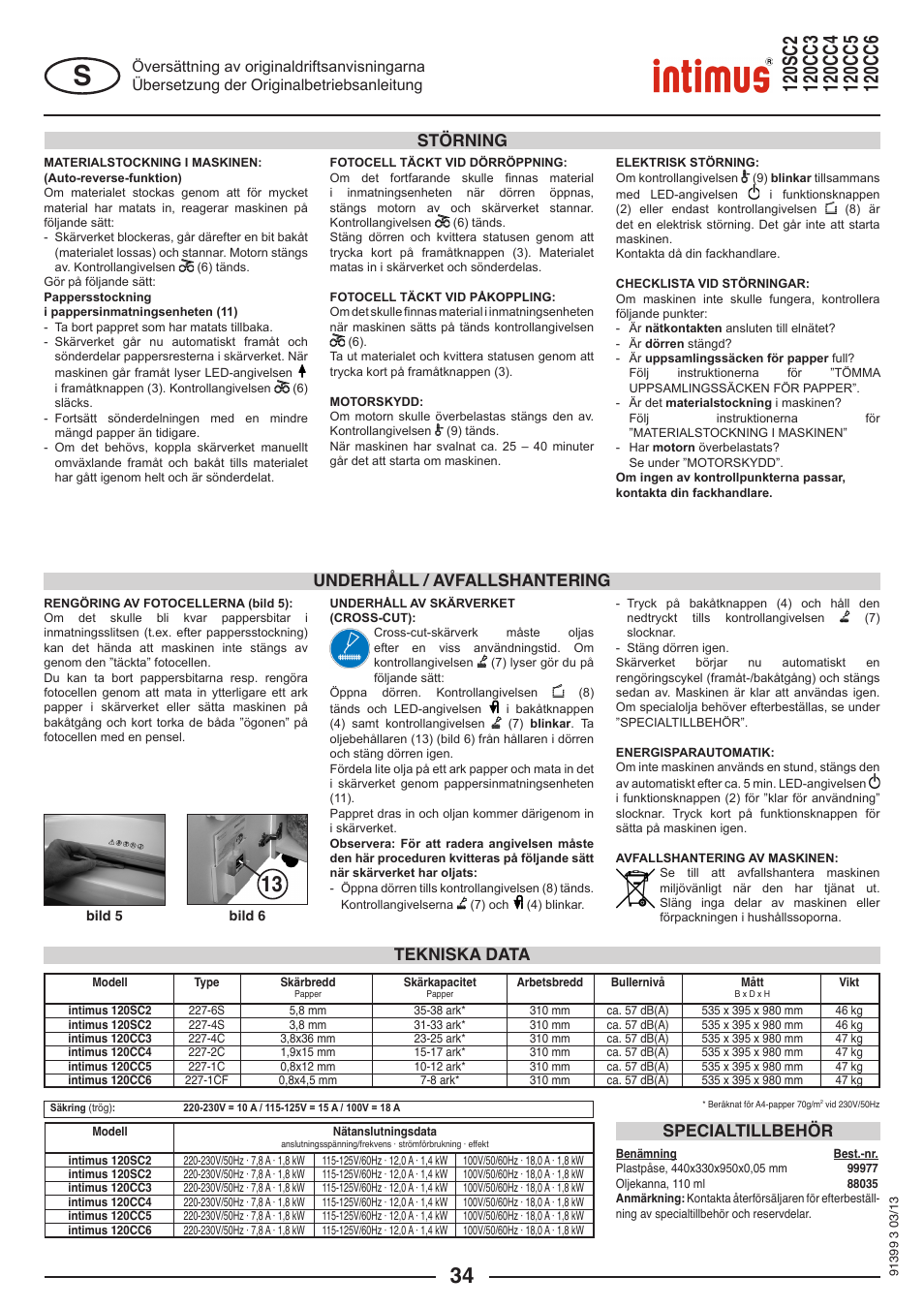 Tekniska data specialtillbehör, Underhåll / avfallshantering störning | intimus 120 CC6 User Manual | Page 34 / 56