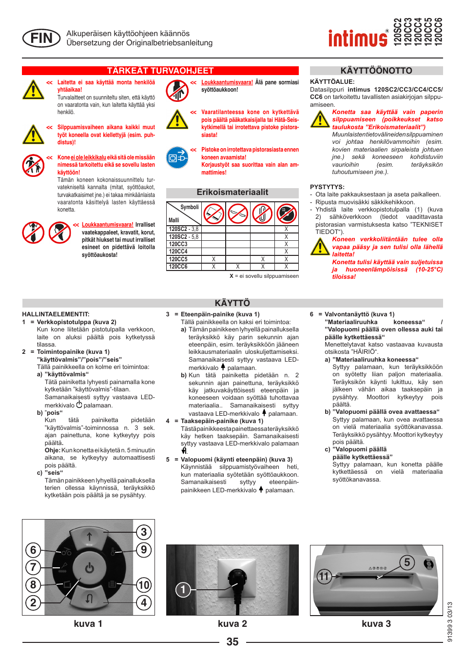 Kuva 1 kuva 2 kuva 3, Tärkeät turvaohjeet, Käyttö käyttöönotto | Erikoismateriaalit | intimus 120 CC6 User Manual | Page 35 / 56