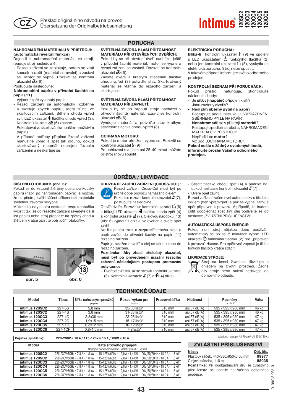 Technické údaje zvláštní příslušenství, Údržba / likvidace porucha | intimus 120 CC6 User Manual | Page 43 / 56