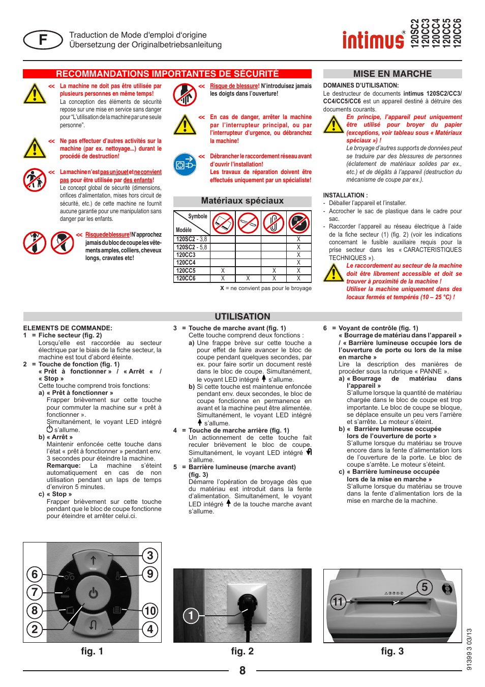 Fig. 1 fig. 2 fig. 3, Recommandations importantes de sécurité, Utilisation mise en marche | Matériaux spéciaux | intimus 120 CC6 User Manual | Page 8 / 56