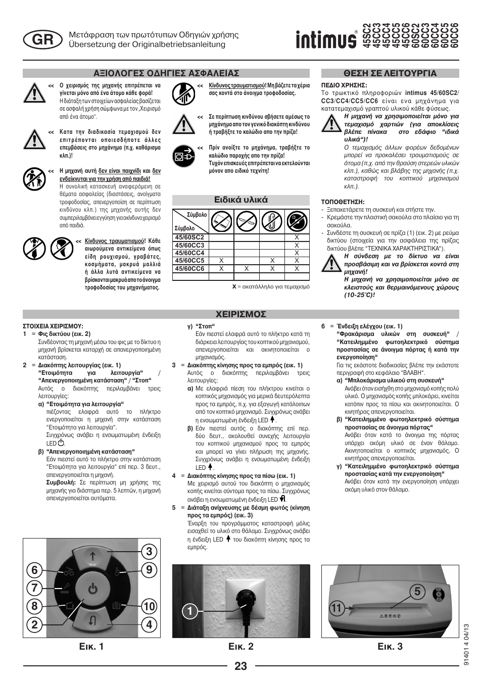 Ейк. 1 ейк. 2 ейк. 3, Бойплпгеу пдзгйеу буцблейбу, Χειρισμοσ θεση σε λειτουργια | Ειδικά υλικά | intimus 45 CC6 User Manual | Page 23 / 56