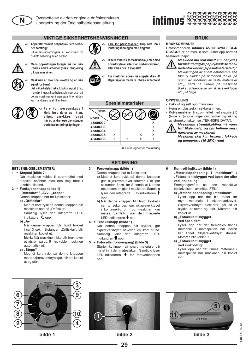 Bilde 1 bilde 2 bilde 3, Viktige sikkerhetshenvisninger, Betjening bruk | Spesialmaterialer | intimus 45 CC6 User Manual | Page 29 / 56