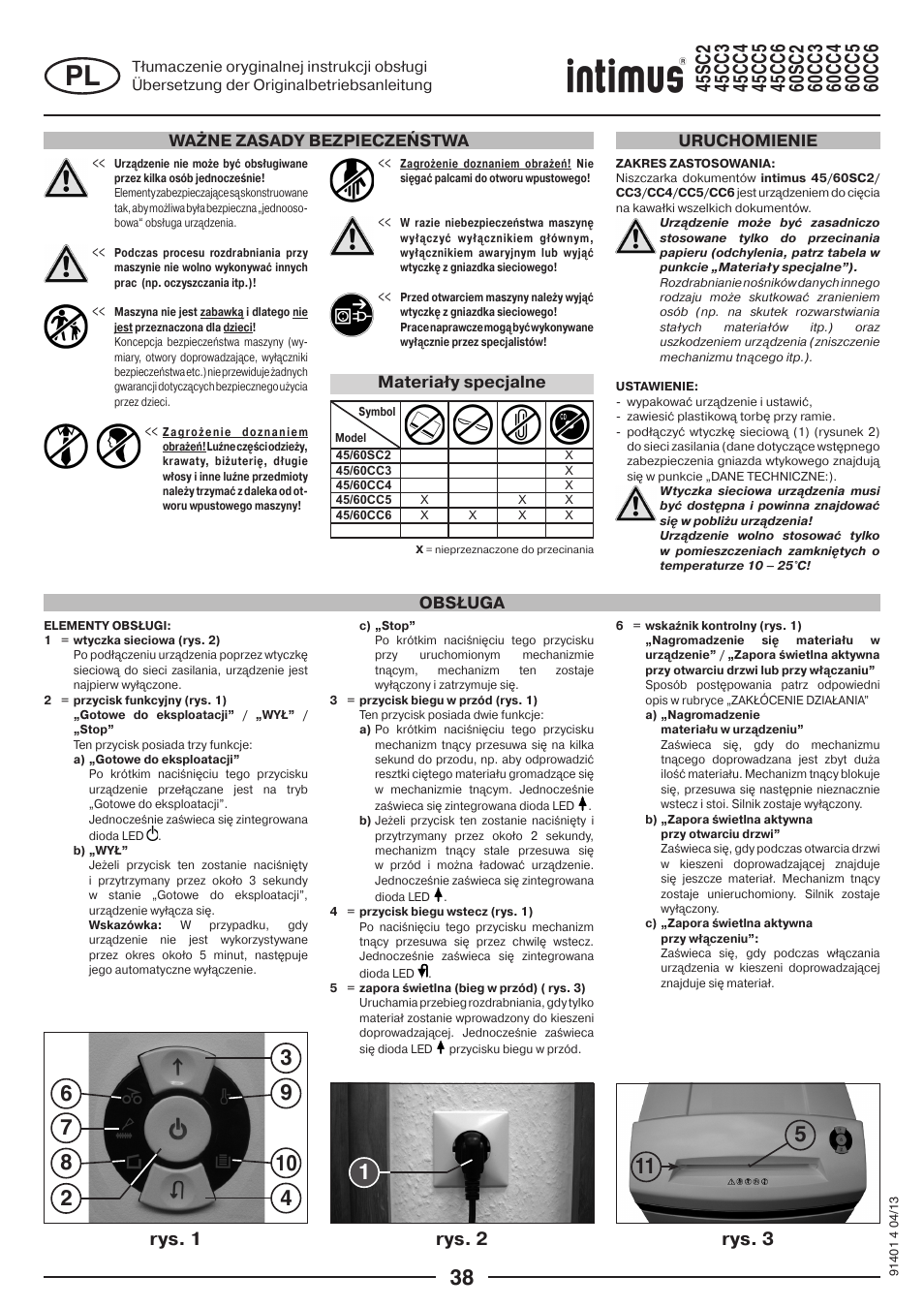 Rys. 1 rys. 2 rys. 3, Ważne zasady bezpieczeństwa, Obsługa uruchomienie | Materiały specjalne | intimus 45 CC6 User Manual | Page 38 / 56