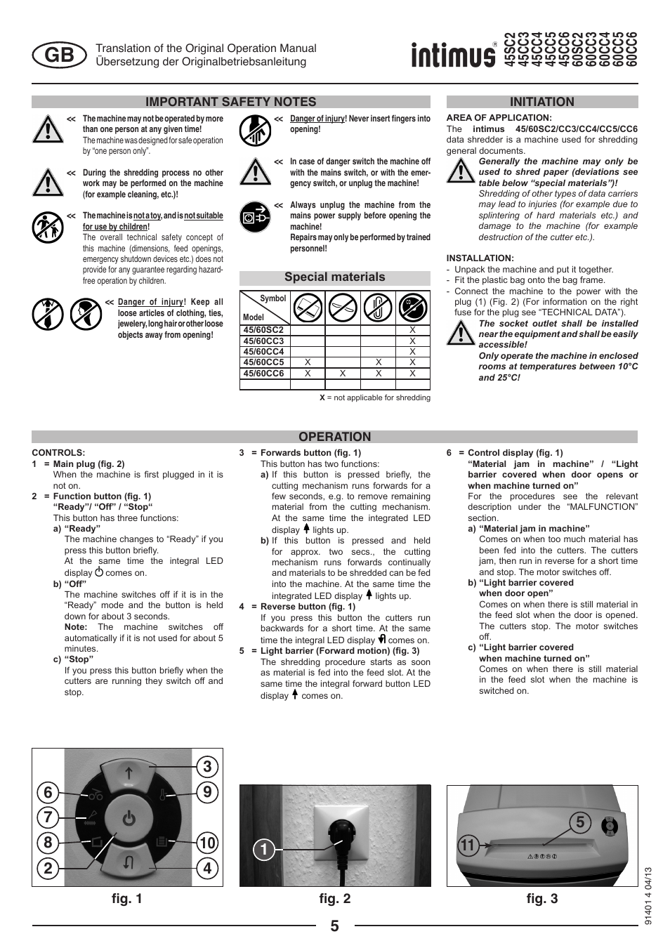 Fig. 1 fig. 2 fig. 3, Operation initiation, Special materials | intimus 45 CC6 User Manual | Page 5 / 56