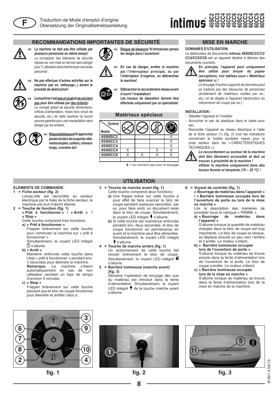 Fig. 1 fig. 2 fig. 3, Recommandations importantes de sécurité, Mise en marche utilisation | Matériaux spéciaux | intimus 45 CC6 User Manual | Page 8 / 56