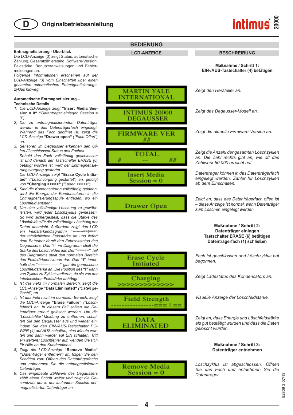 Originalbetriebsanleitung, Bedienung | intimus Degausser 20000 User Manual | Page 4 / 16
