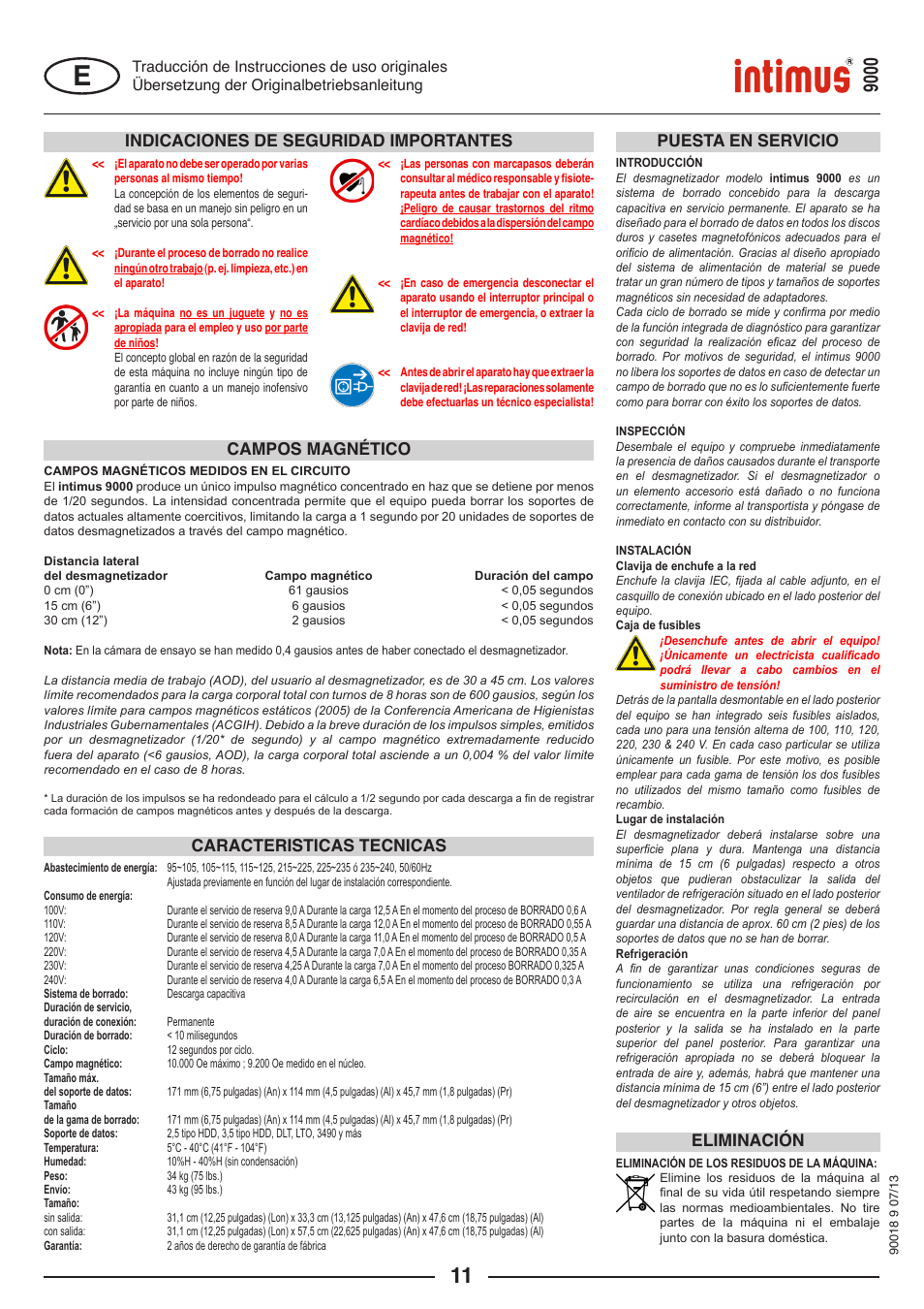 Indicaciones de seguridad importantes, Puesta en servicio caracteristicas tecnicas, Eliminación campos magnético | intimus Degausser 9000 User Manual | Page 11 / 16