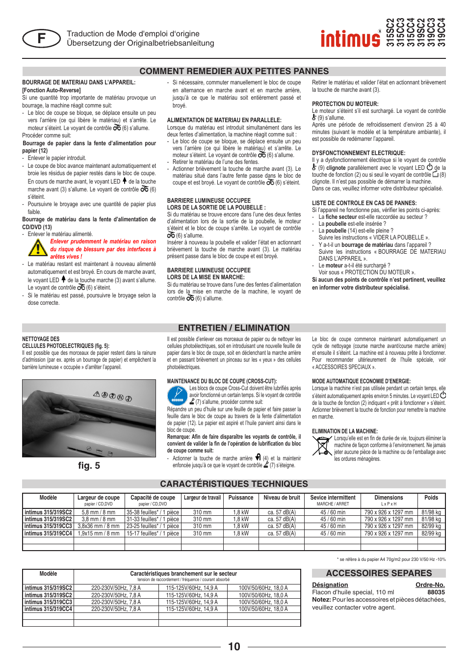 Fi g. 5, Caractéristiques techniques accessoires separes | intimus 319 User Manual | Page 10 / 56