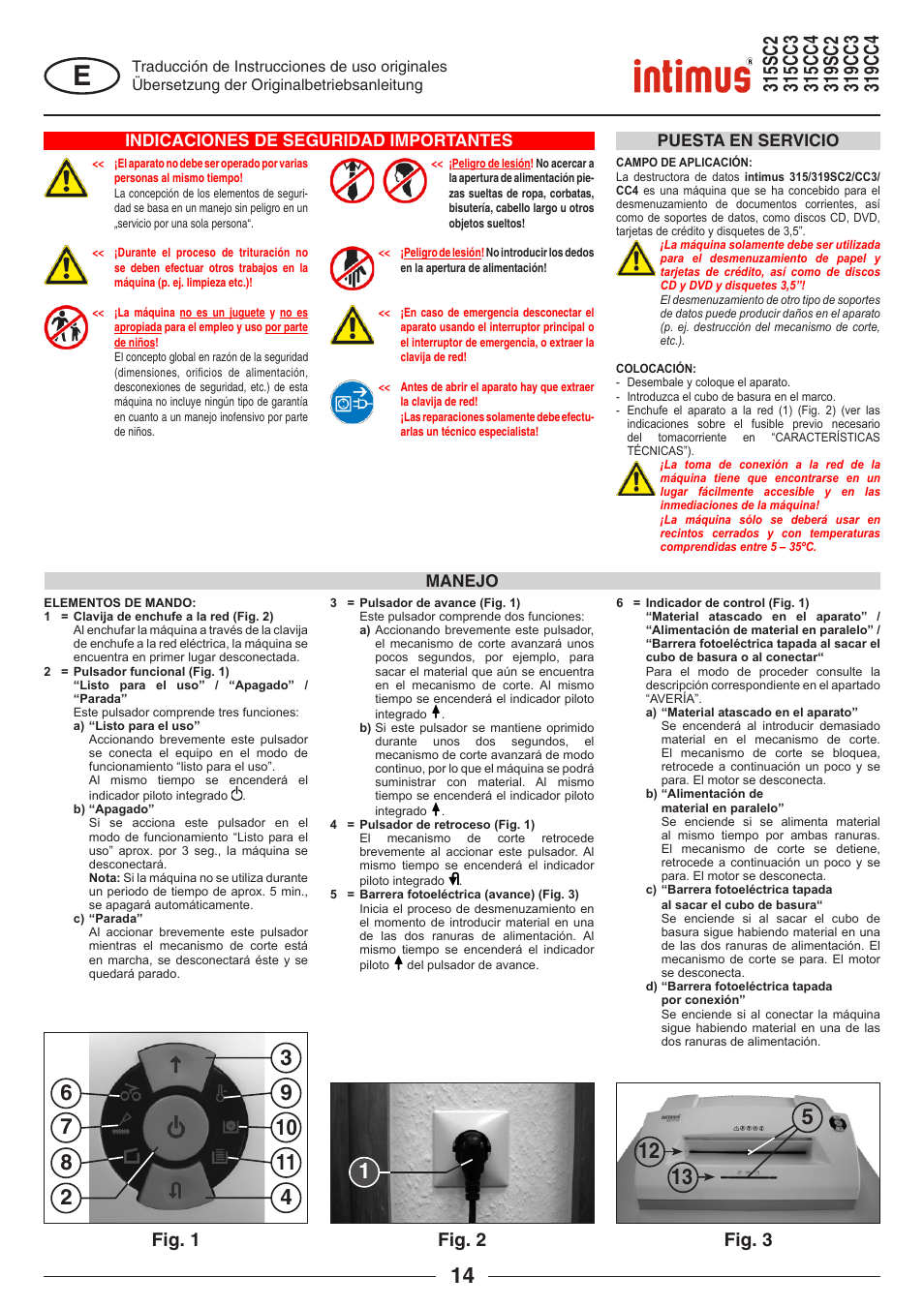 Fig. 1, Fig. 2, Fig. 3 | Indicaciones de seguridad importantes, Manejo puesta en servicio | intimus 319 User Manual | Page 14 / 56