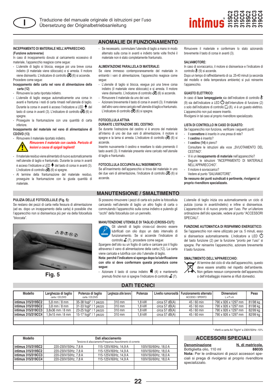 Fig. 5, Dati tecnici accessori speciali | intimus 319 User Manual | Page 22 / 56