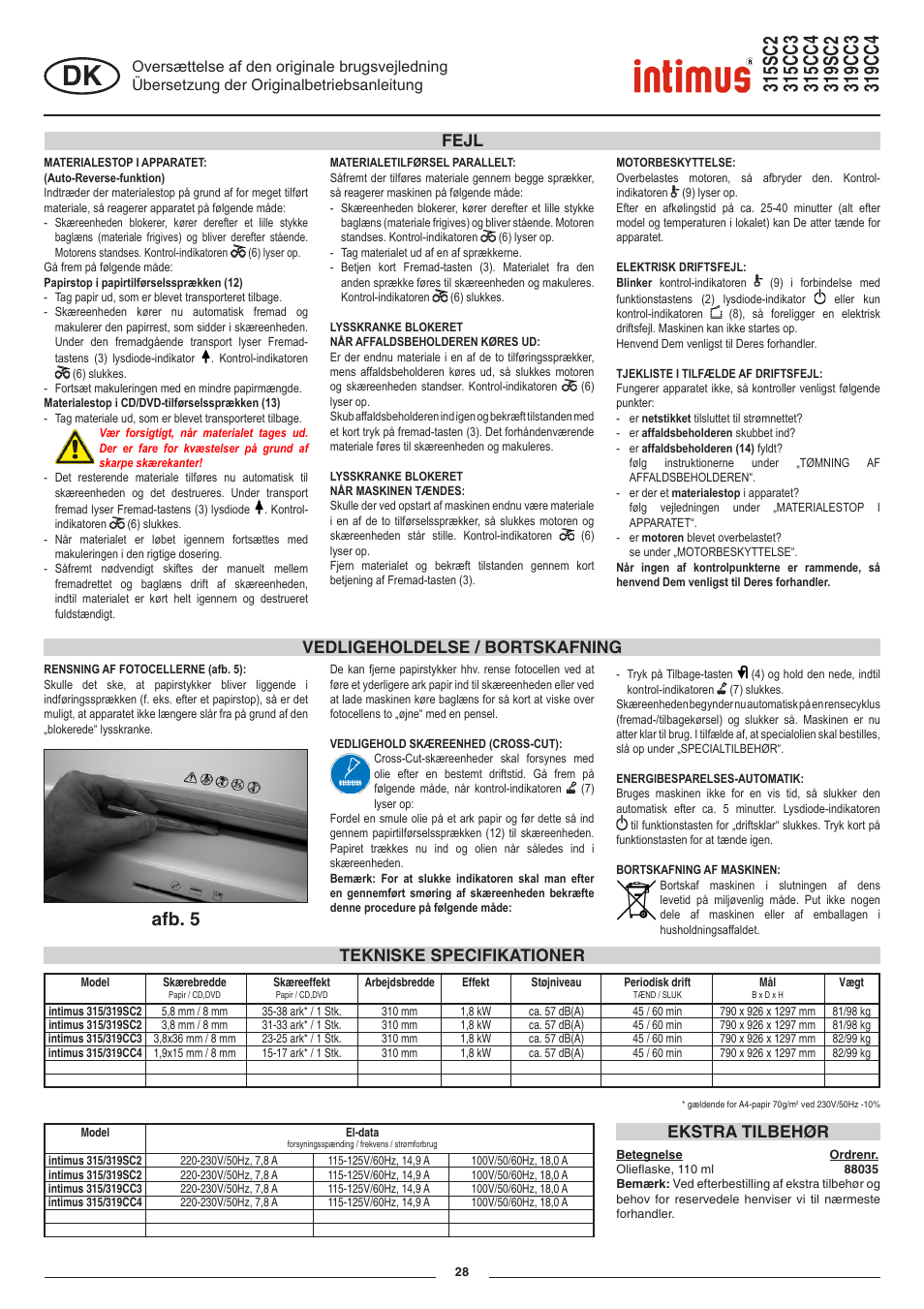 Afb. 5, Tekniske specifikationer ekstra tilbehør, Vedligeholdelse / bortskafning fejl | intimus 319 User Manual | Page 28 / 56