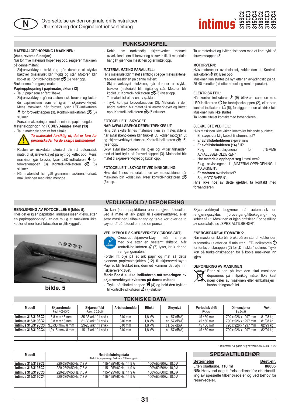 Bilde. 5, Tekniske data spesialtilbehør, Vedlikehold / deponering funksjonsfeil | intimus 319 User Manual | Page 31 / 56