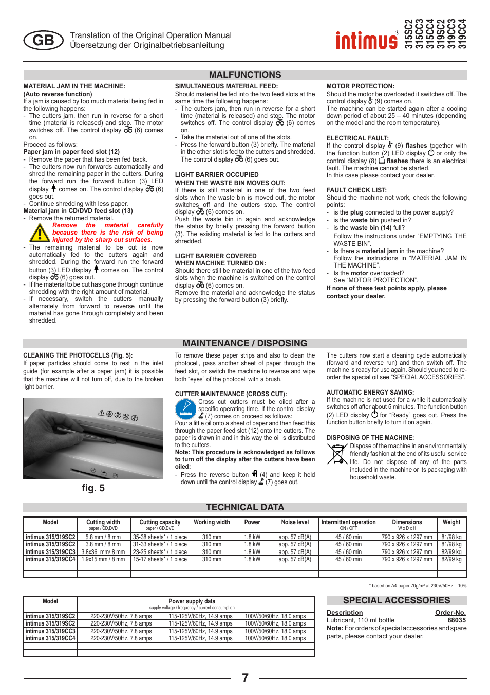 Fi g. 5, Malfunctions, Maintenance / disposing | Technical data special accessories | intimus 319 User Manual | Page 7 / 56