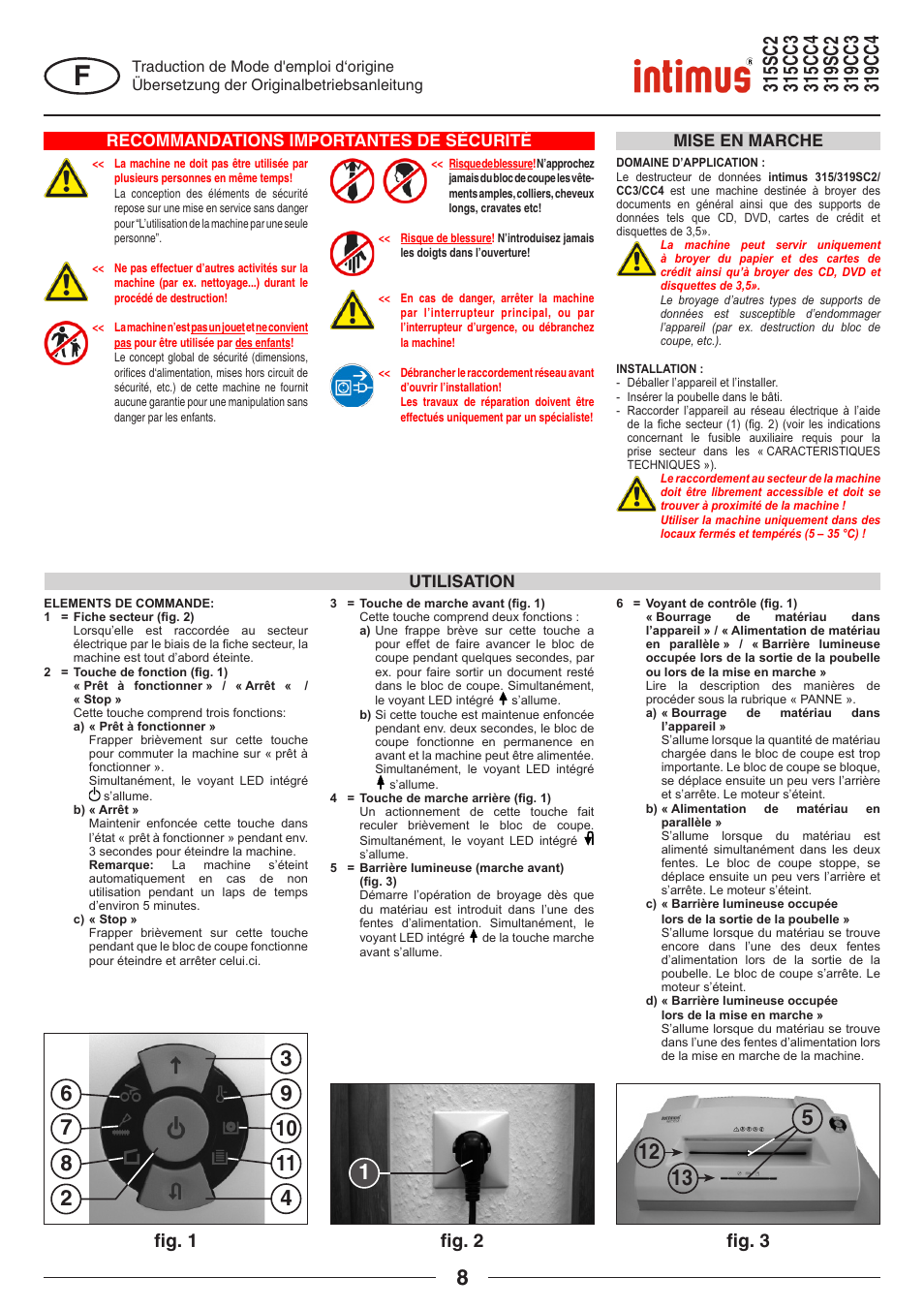 Fi g. 1 fi g. 2 fi g. 3, Recommandations importantes de sécurité, Utilisation mise en marche | intimus 319 User Manual | Page 8 / 56