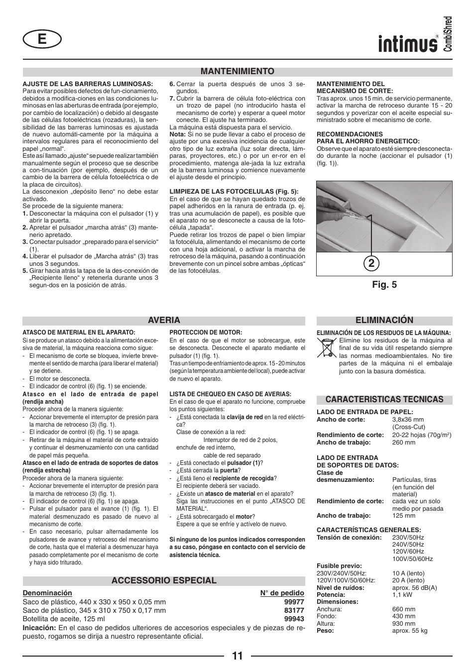 2combishred, Fig. 5, Mantenimiento | Accessorio especial averia, Eliminación, Caracteristicas tecnicas | intimus Combishred User Manual | Page 11 / 36