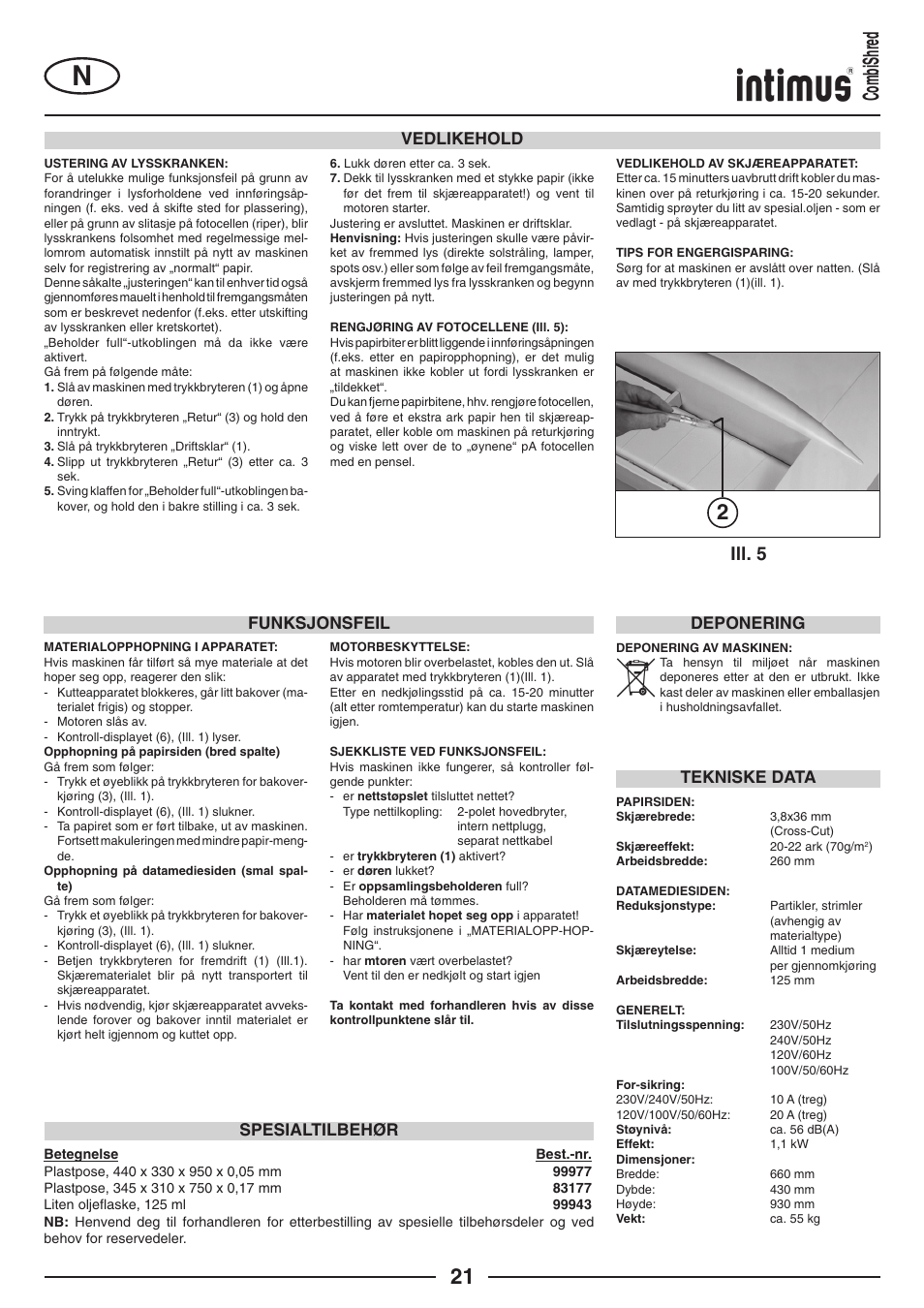 2combishred, Ill. 5, Vedlikehold | Funksjonsfeil, Tekniske data, Spesialtilbehør, Deponering | intimus Combishred User Manual | Page 21 / 36