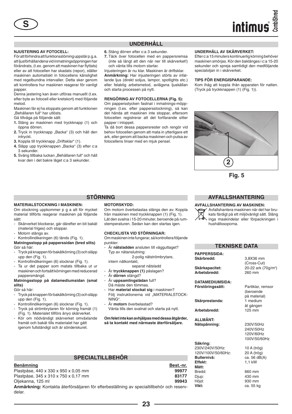 2combishred, Fig. 5, Underhåll | Störning, Tekniske data, Specialtillbehör, Avfallshantering | intimus Combishred User Manual | Page 23 / 36