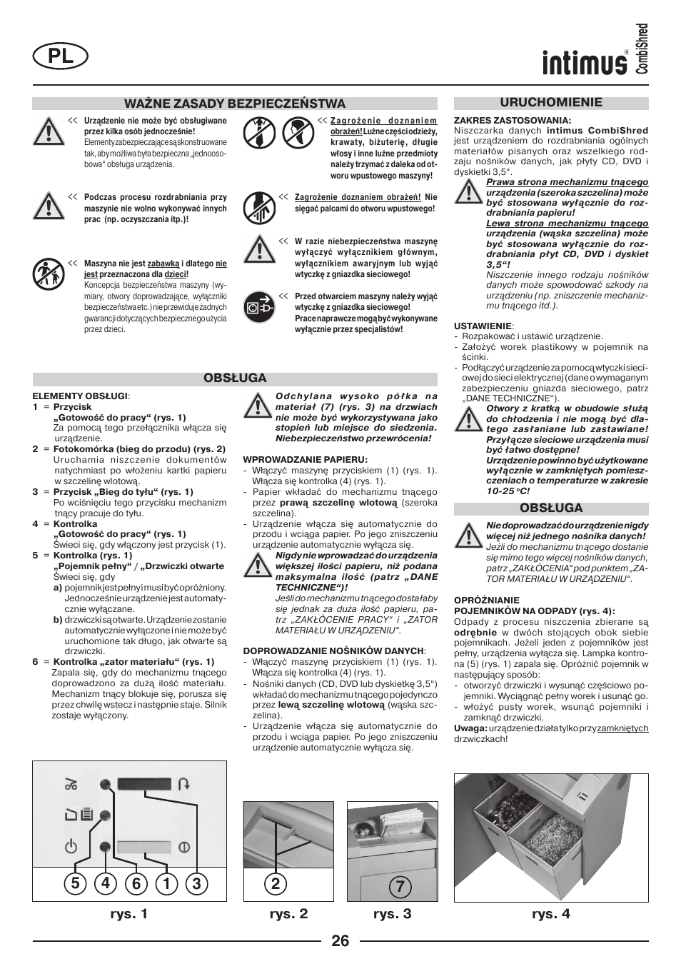 Rys. 2 rys. 4 rys. 3, Rys. 1, Ważne zasady bezpieczeństwa | Obsługa, Obsługa uruchomienie | intimus Combishred User Manual | Page 26 / 36