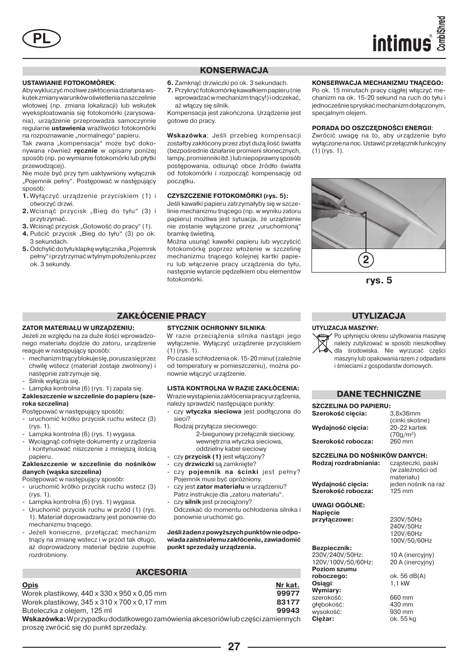 2combishred, Rys. 5, Konserwacja | Dane techniczne, Akcesoria zakłócenie pracy, Utylizacja | intimus Combishred User Manual | Page 27 / 36