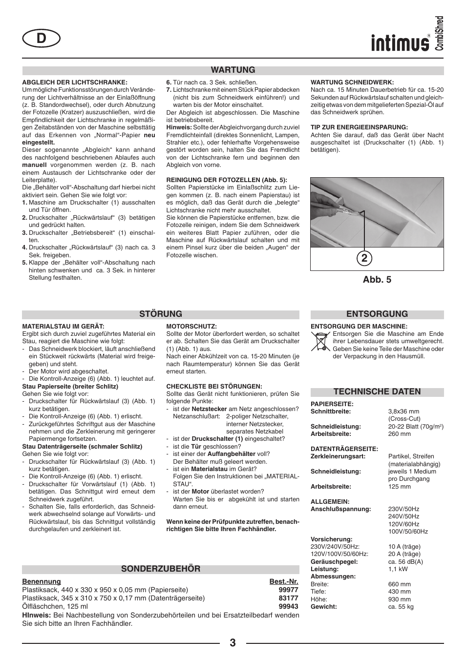2combishred, Abb. 5, Wartung | Technische daten, Sonderzubehör störung, Entsorgung | intimus Combishred User Manual | Page 3 / 36