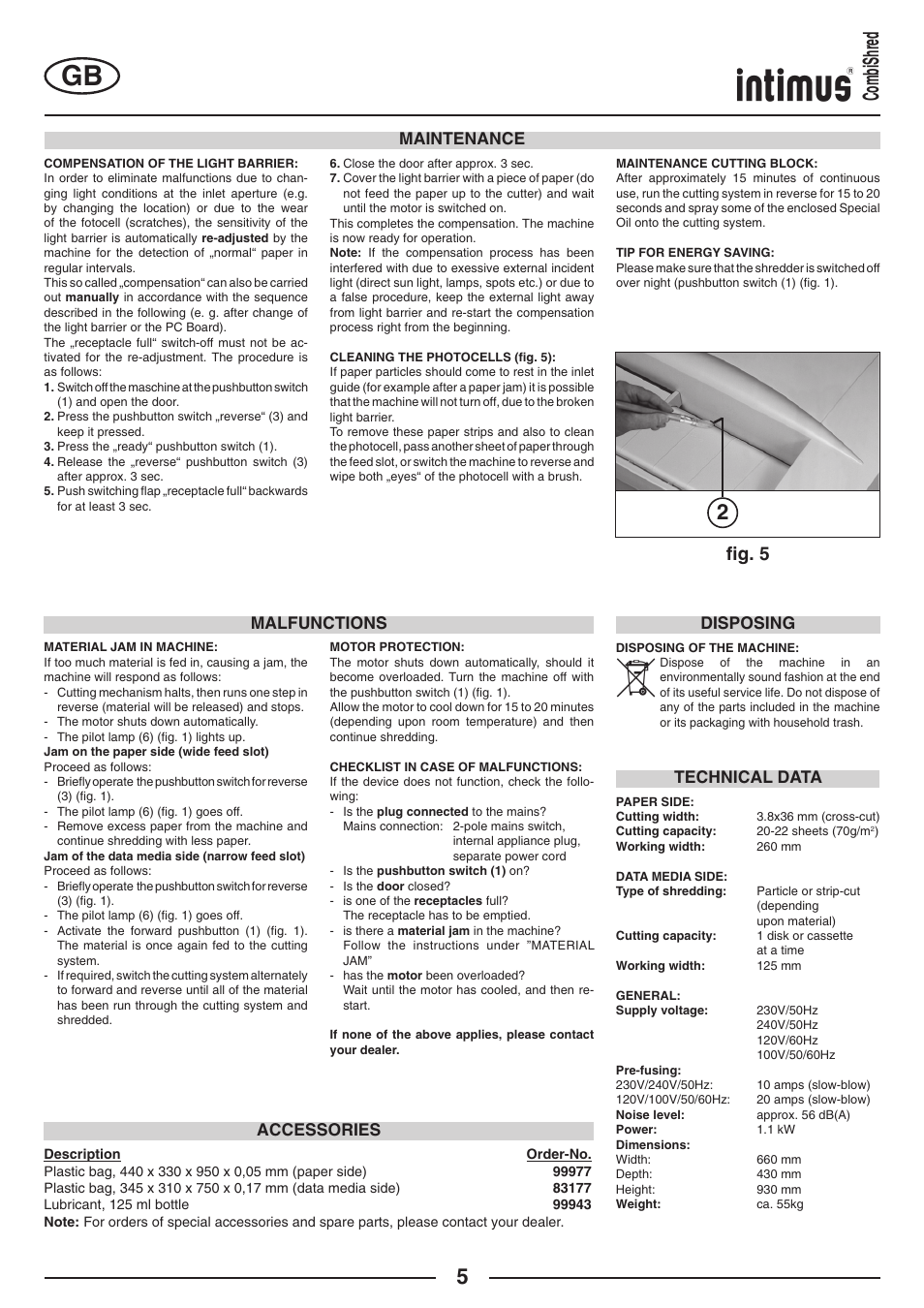 2combishred, FIg. 5, Maintenance | Technical data malfunctions, Accessories, Disposing | intimus Combishred User Manual | Page 5 / 36