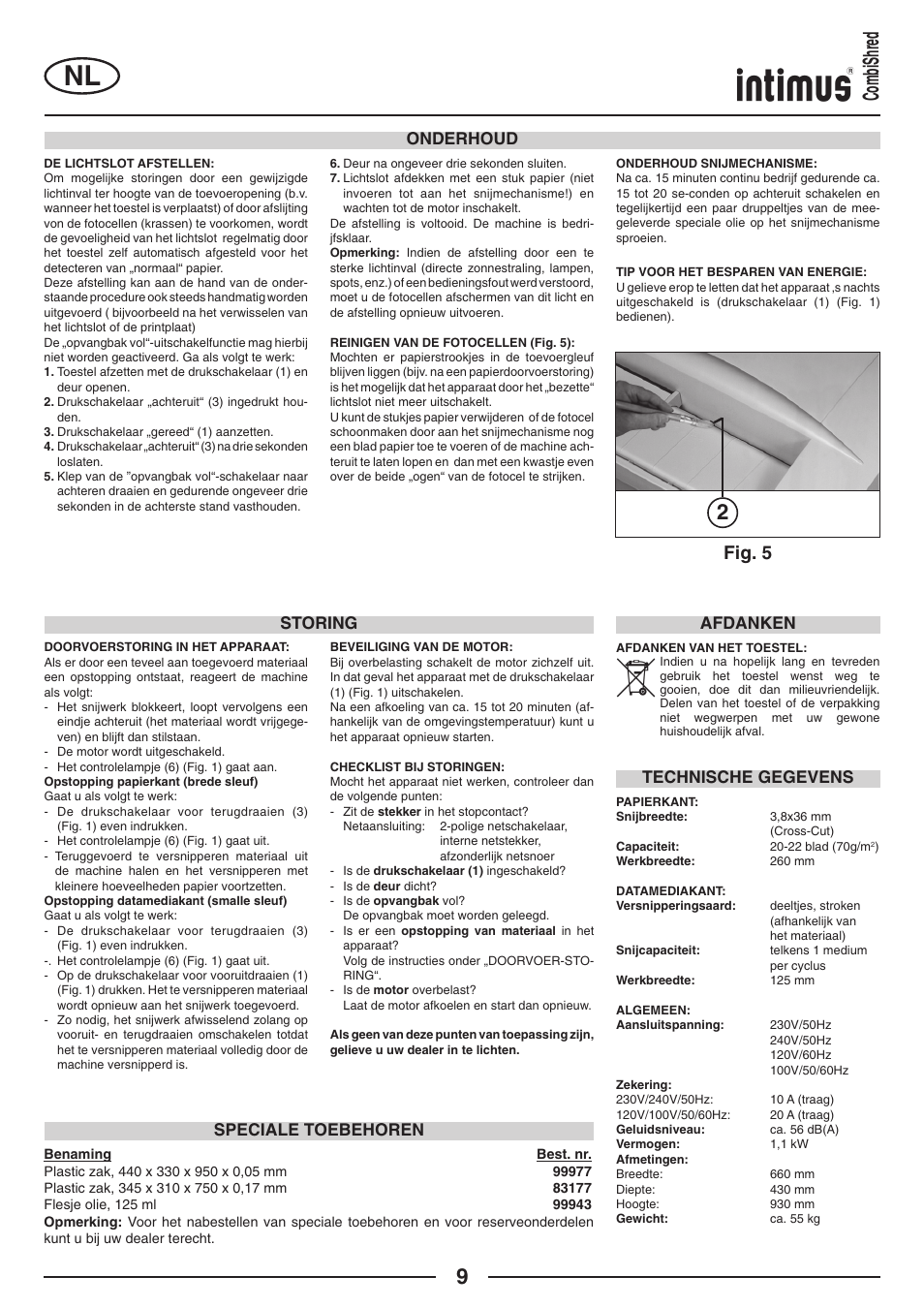 2combishred, Fig. 5, Onderhoud | Storing, Speciale toebehoren technische gegevens, Afdanken | intimus Combishred User Manual | Page 9 / 36