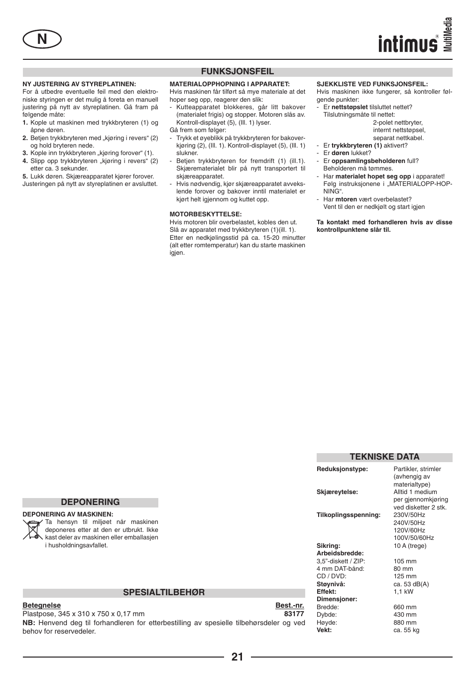 Multimedia, Tekniske data spesialtilbehør funksjonsfeil, Deponering | intimus MultiMedia User Manual | Page 21 / 36