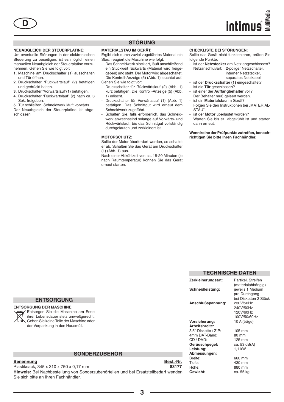 Multimedia, Technische daten sonderzubehör störung, Entsorgung | intimus MultiMedia User Manual | Page 3 / 36