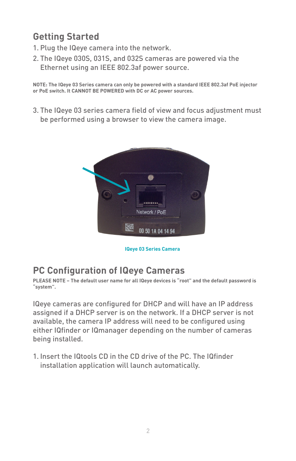 Getting started, Pc configuration of iqeye cameras | IQinVision 3 Series User Manual | Page 2 / 8