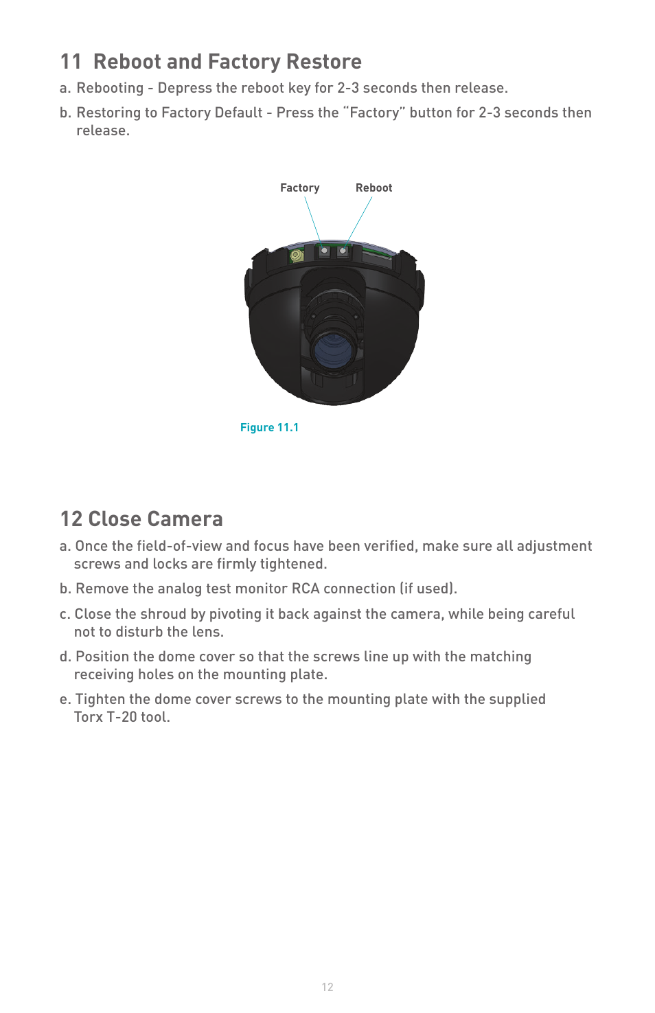 11 reboot and factory restore, 12 close camera | IQinVision Alliance-pro Series User Manual | Page 12 / 20